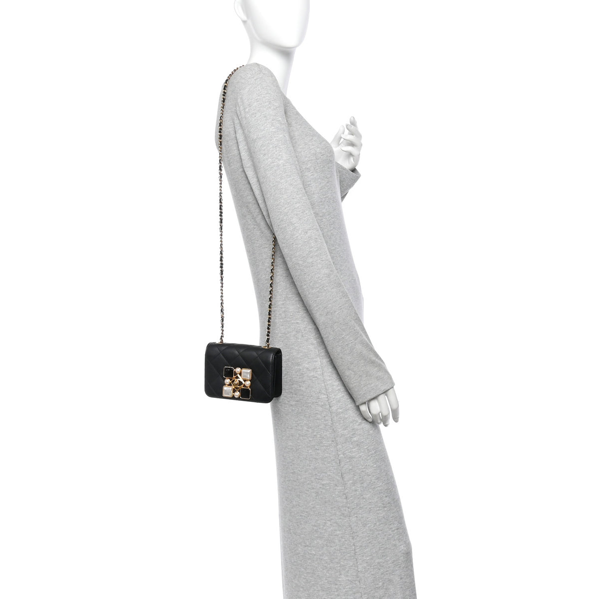 Chanel Calfskin Quilted Crystal Pearl Mini Flap Bag Black 2 of 12