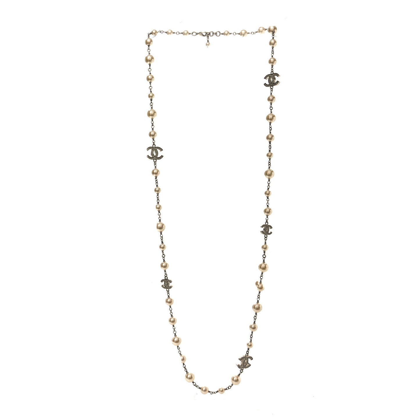 Graduated Pearl Crystal CC Long Necklace Silver