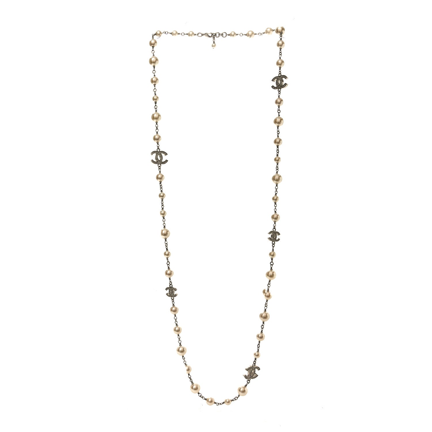 Chanel Graduated Pearl Crystal CC Long Necklace Silver 3 of 4