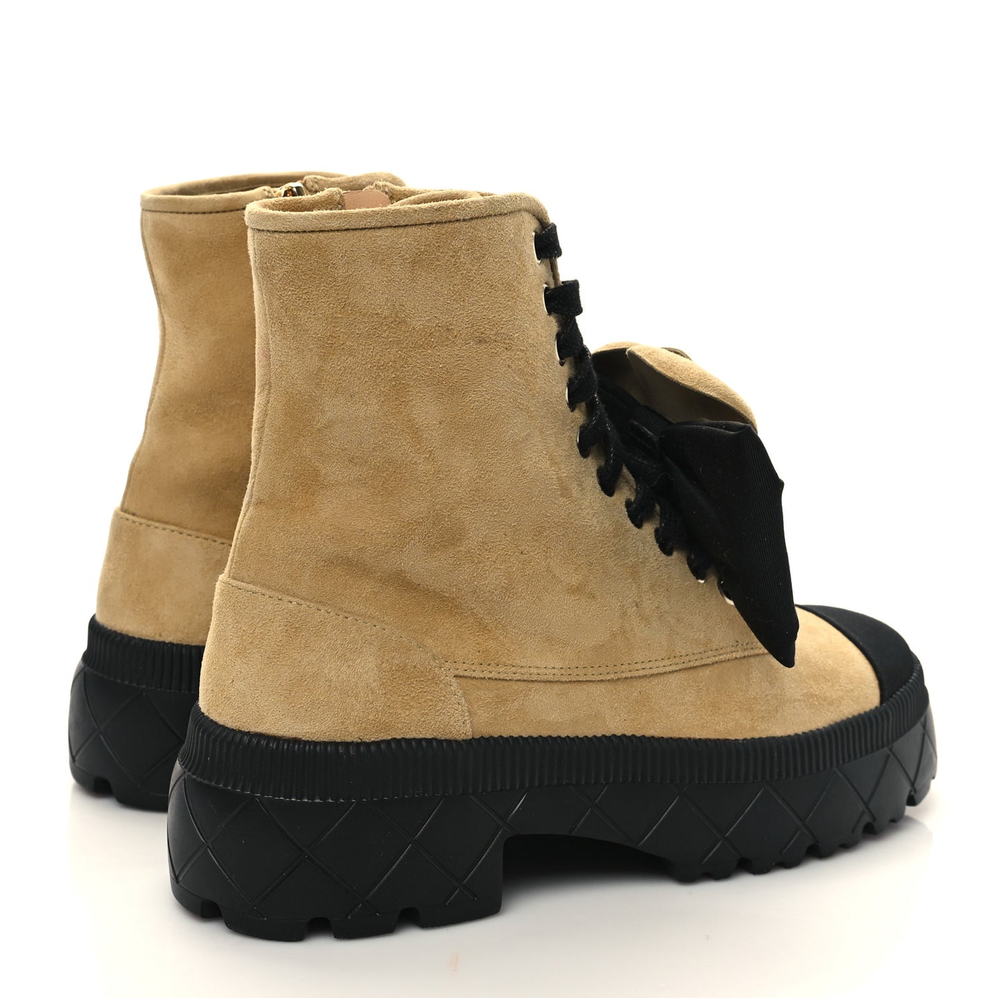 Suede Grosgrain Cap Toe CC Camellia Lace Up Combat Boots 38.5 Beige Black