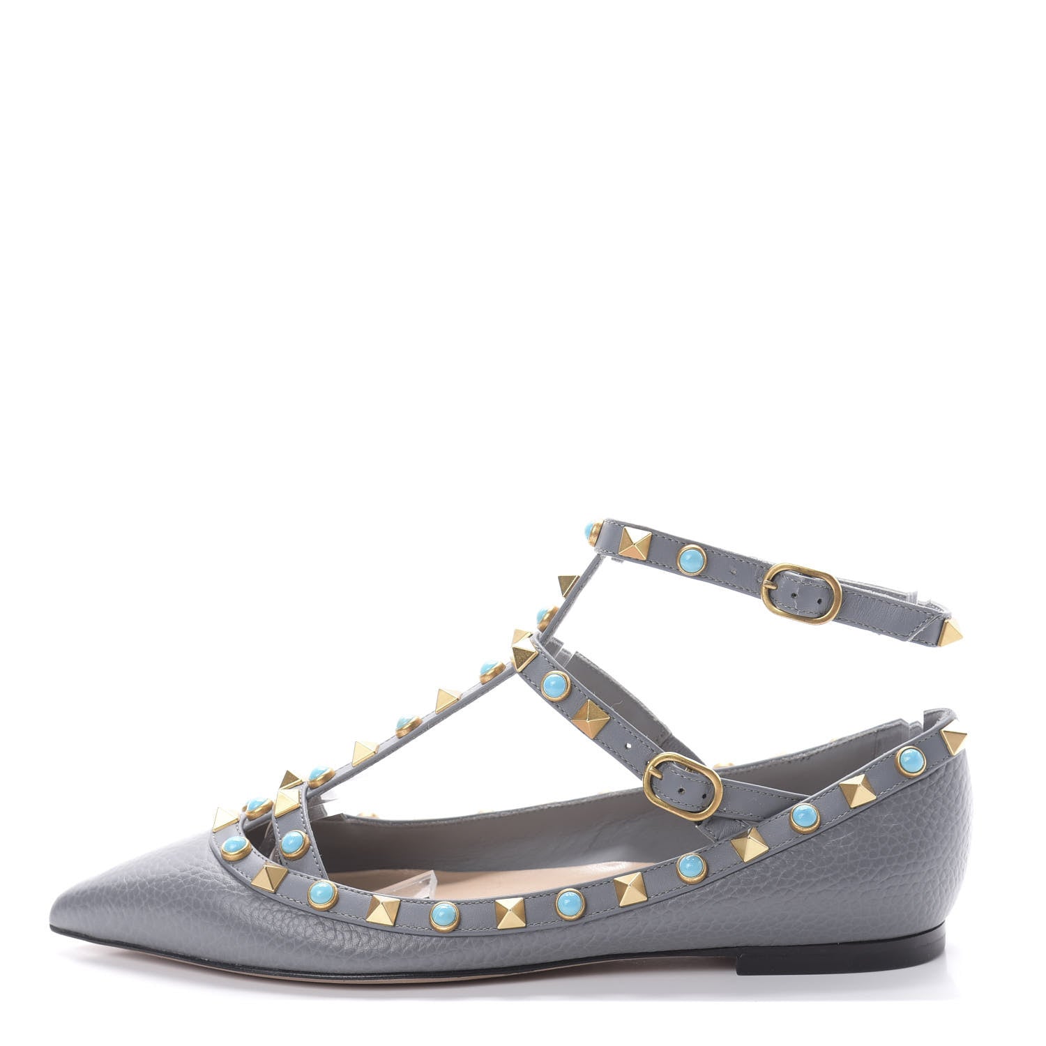 Valentino Garavani Pebbled Calfskin Rockstud Rolling Cage Ballerina Flats 35 Light Stone 1 of 7