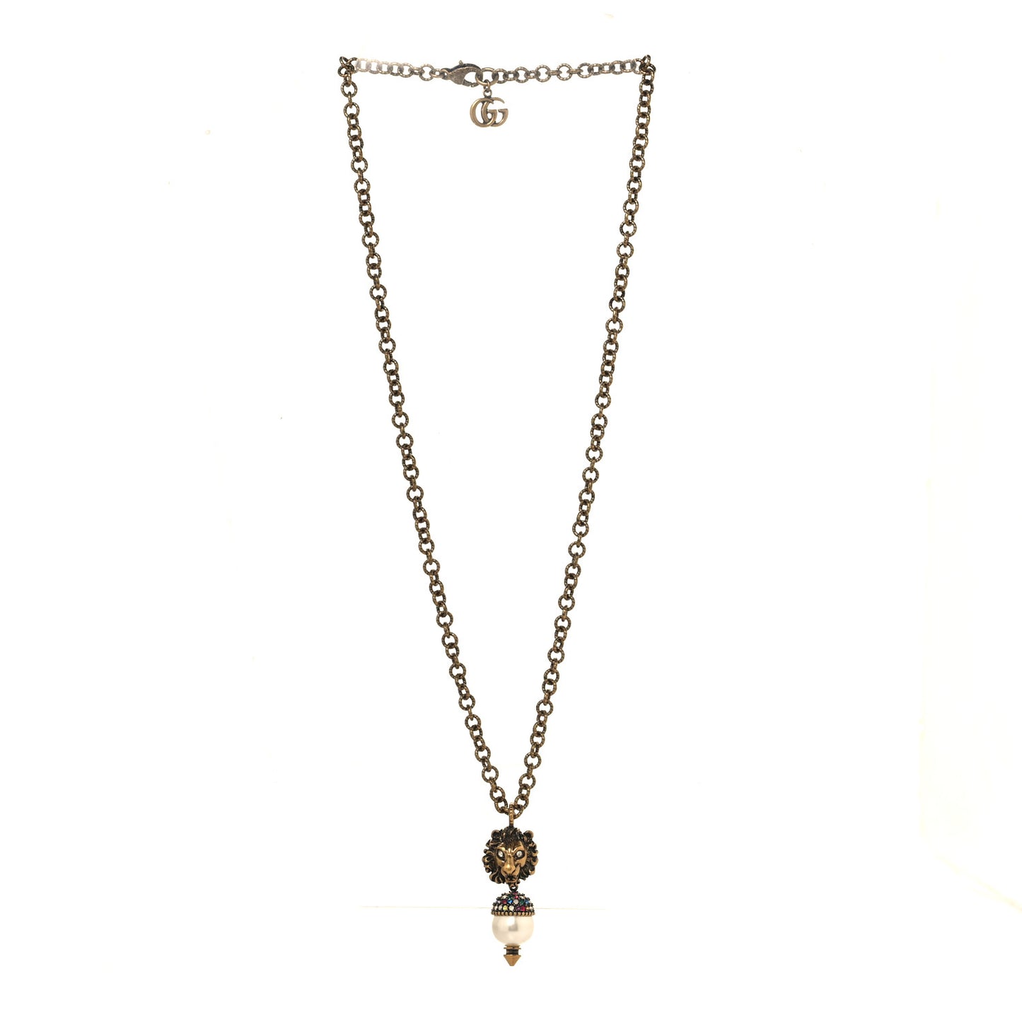 Metal Crystal Pearl Lion Head Necklace Aged Gold