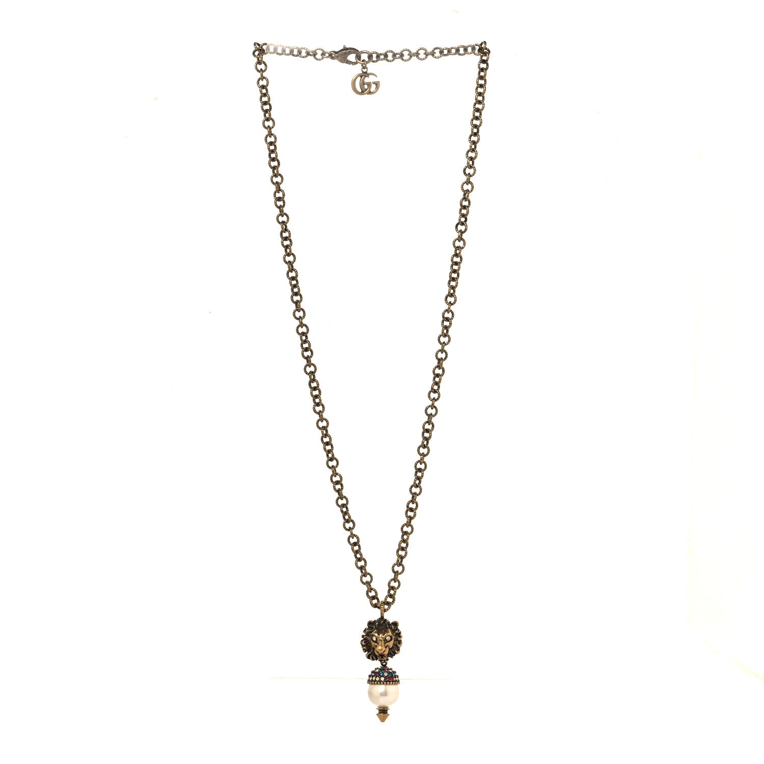 Gucci Metal Crystal Pearl Lion Head Necklace Aged Gold 3 of 4
