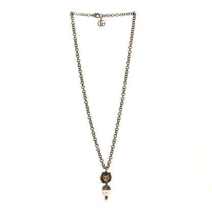 Gucci Metal Crystal Pearl Lion Head Necklace Aged Gold 3 of 4
