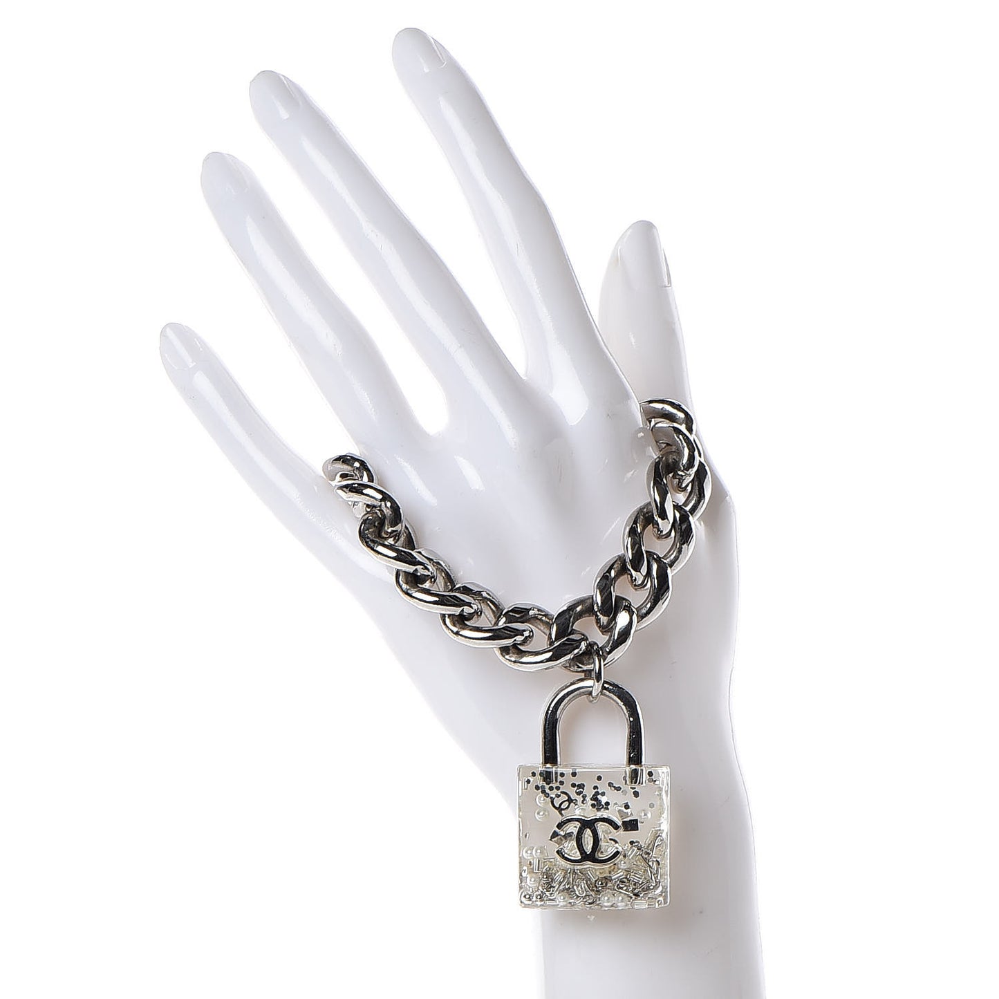 Plexiglass Pearl CC Padlock Bracelet Silver