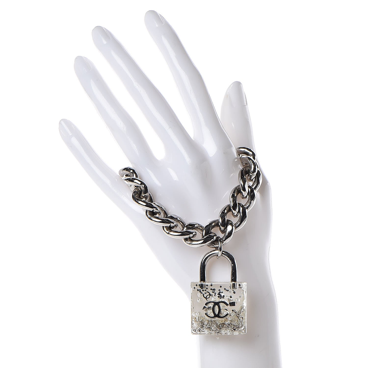 Chanel Plexiglass Pearl CC Padlock Bracelet Silver 2 of 5