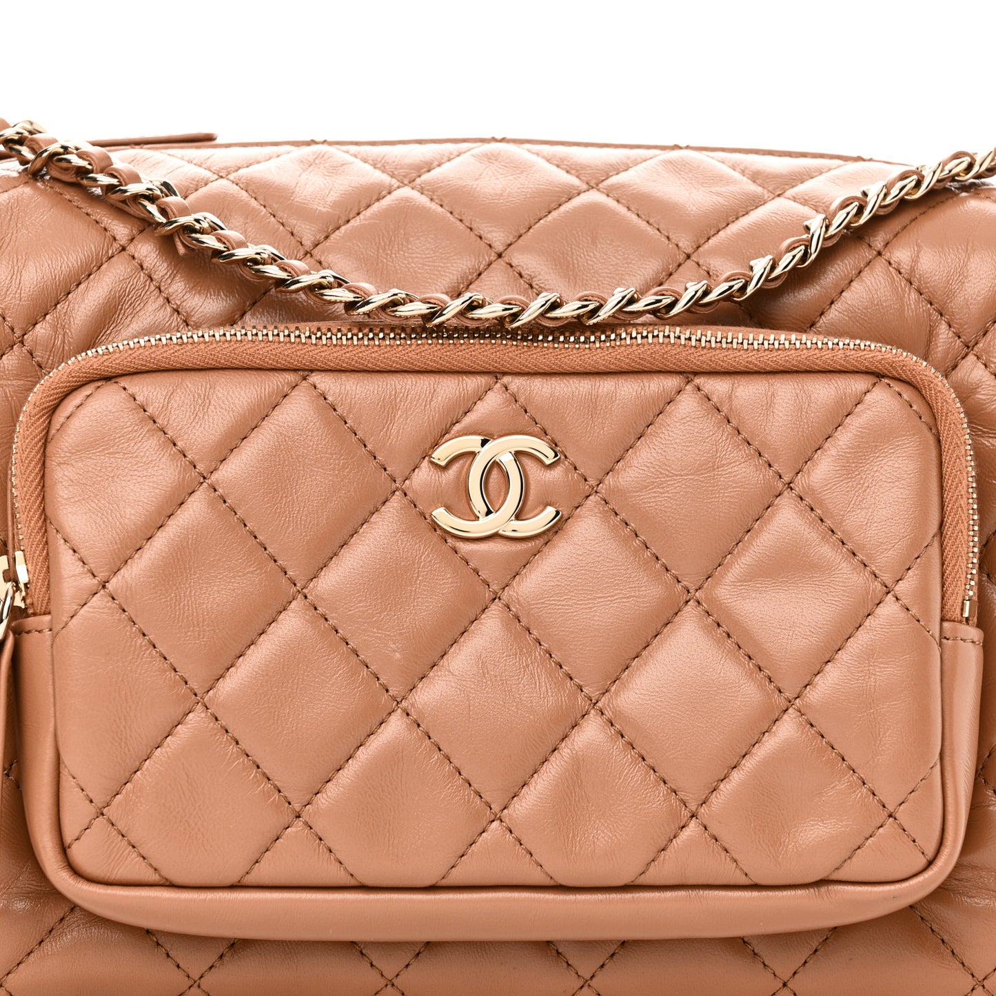 Shiny Crumpled Lambskin Quilted Medium Preppy Pocket Camera Case Brown