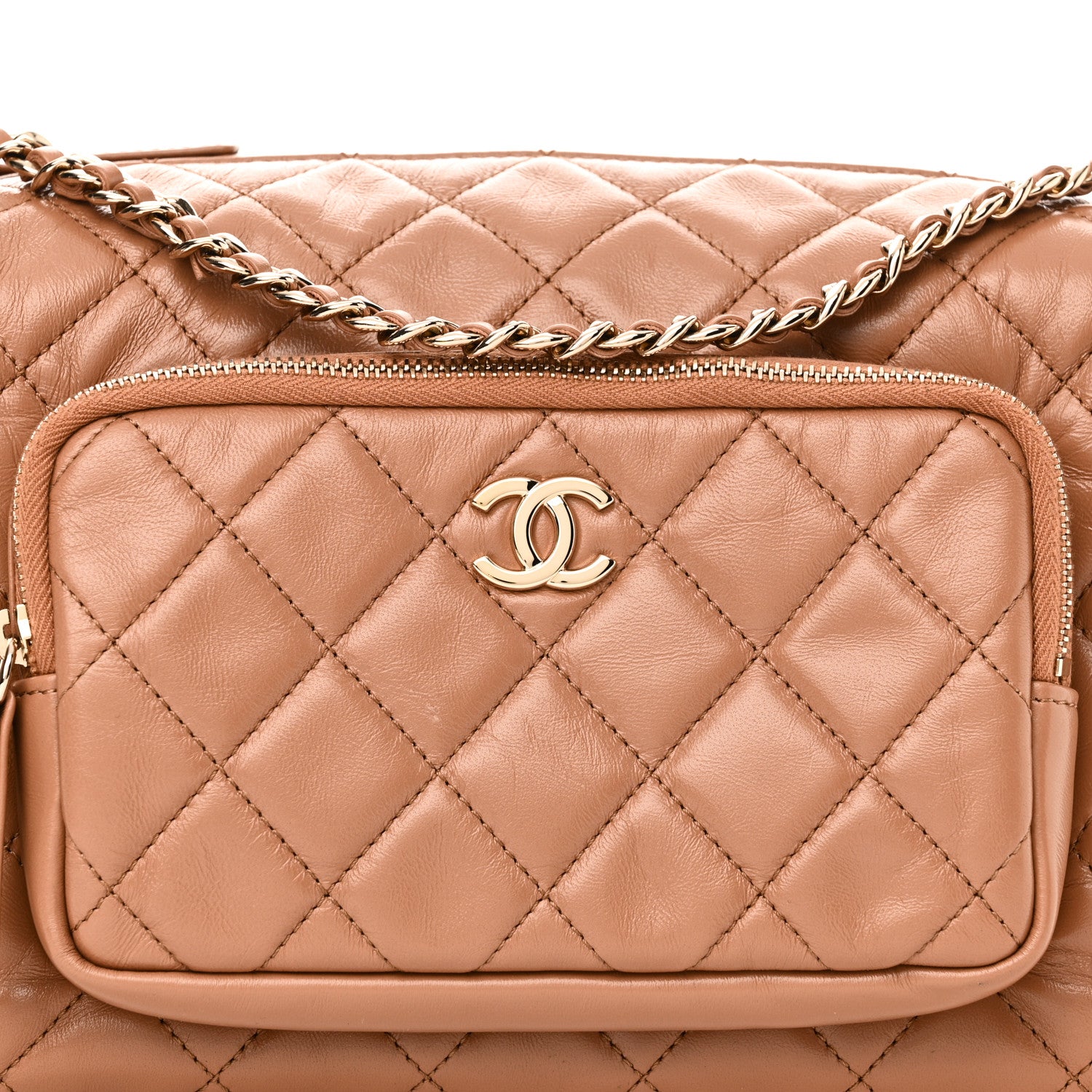 Chanel Shiny Crumpled Lambskin Quilted Medium Preppy Pocket Camera Case Brown 7 of 9