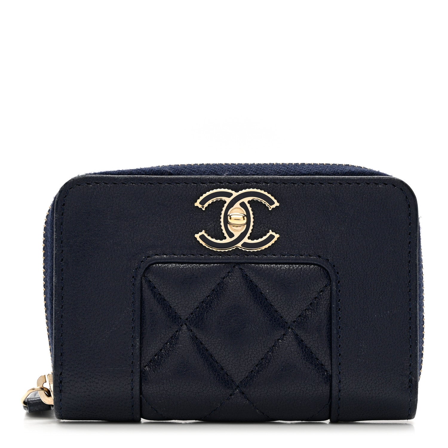 Chanel Sheepskin Quilted Vintage Mademoiselle Zip Coin Purse Navy Blue 1 of 8
