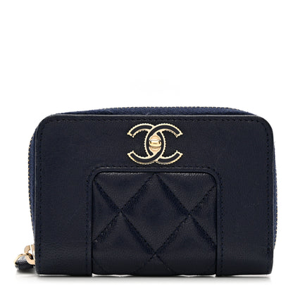 Chanel Sheepskin Quilted Vintage Mademoiselle Zip Coin Purse Navy Blue 1 of 8