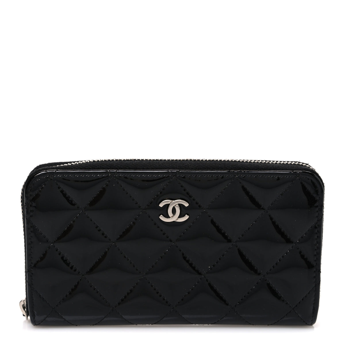 Patent Quilted Small Zip Around Wallet Black