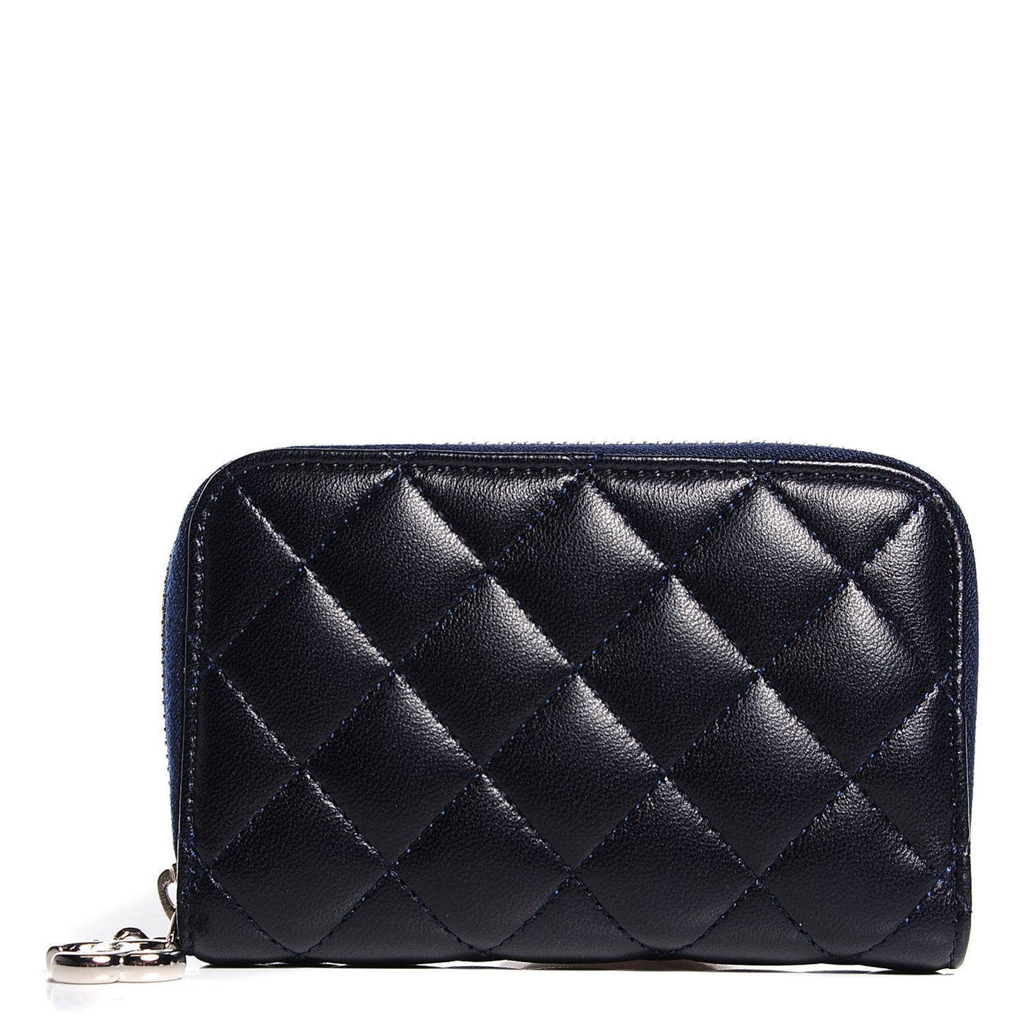 Lambskin Quilted Zip Around Card Holder Dark Navy Blue