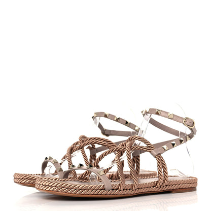 Valentino Garavani Calfskin Rockstud Ankle Wrap Torchon Espadrille Flat Sandals 41 Poudre 3 of 8