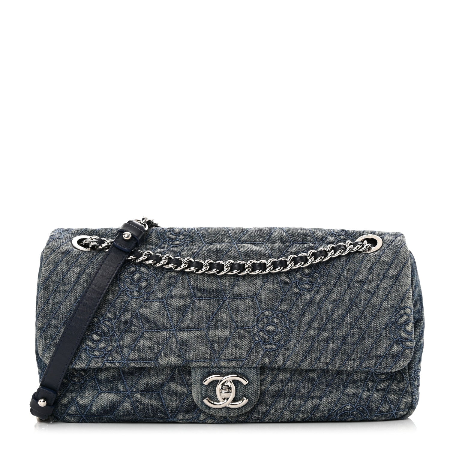 Chanel Denim Quilted Camellia Embroidered Large Flap Blue 1 of 13
