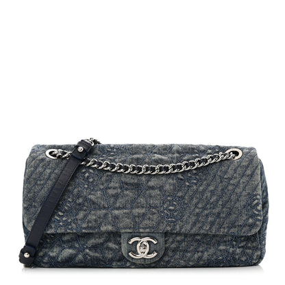 Chanel Denim Quilted Camellia Embroidered Large Flap Blue 1 of 13