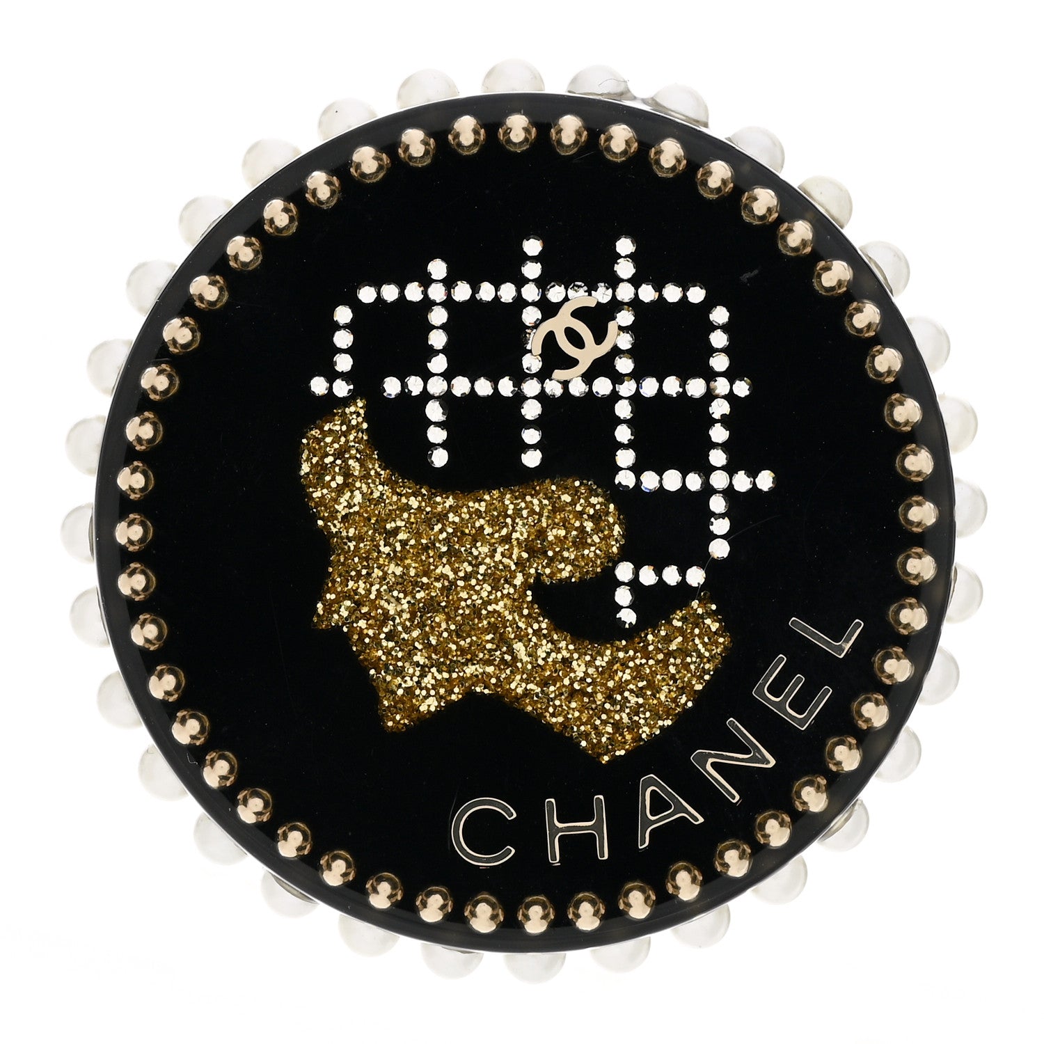 Chanel Resin Crystal Pearl CC Pin Brooch Black Gold 1 of 4