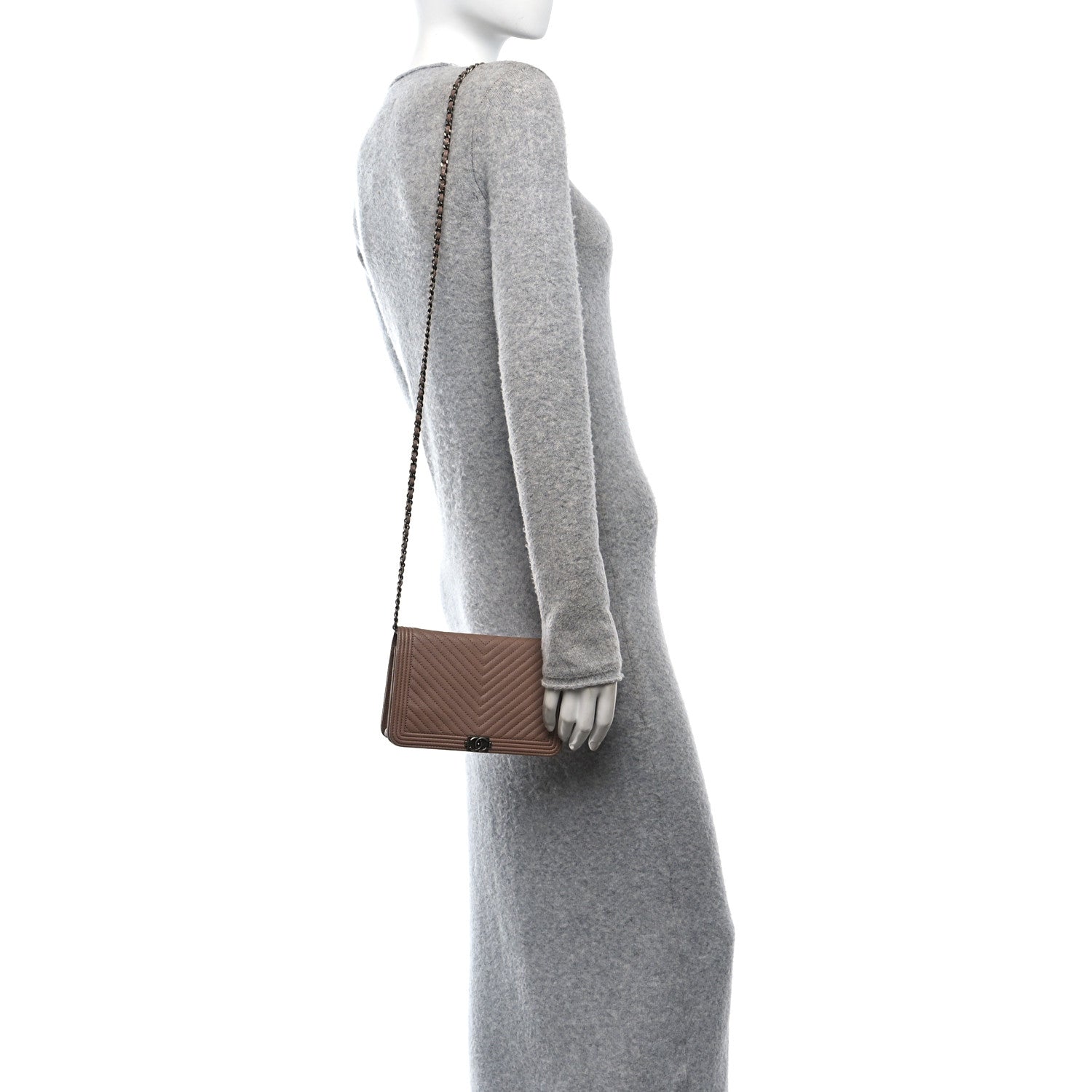 Chanel Caviar Chevron Quilted Boy Wallet On Chain WOC Dark Beige 2 of 11