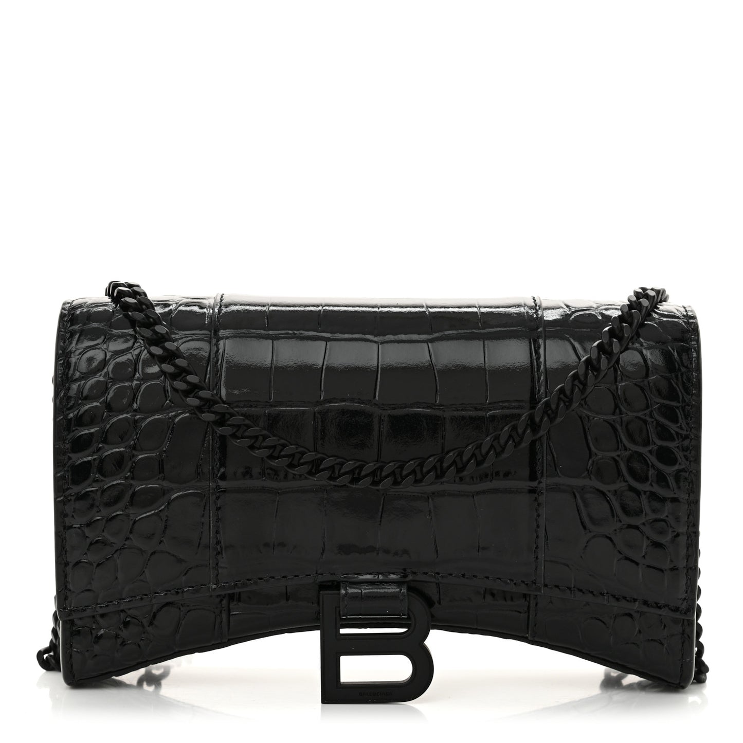 Shiny Calfskin Monochrome Crocodile Embossed Hourglass Chain Bag Black