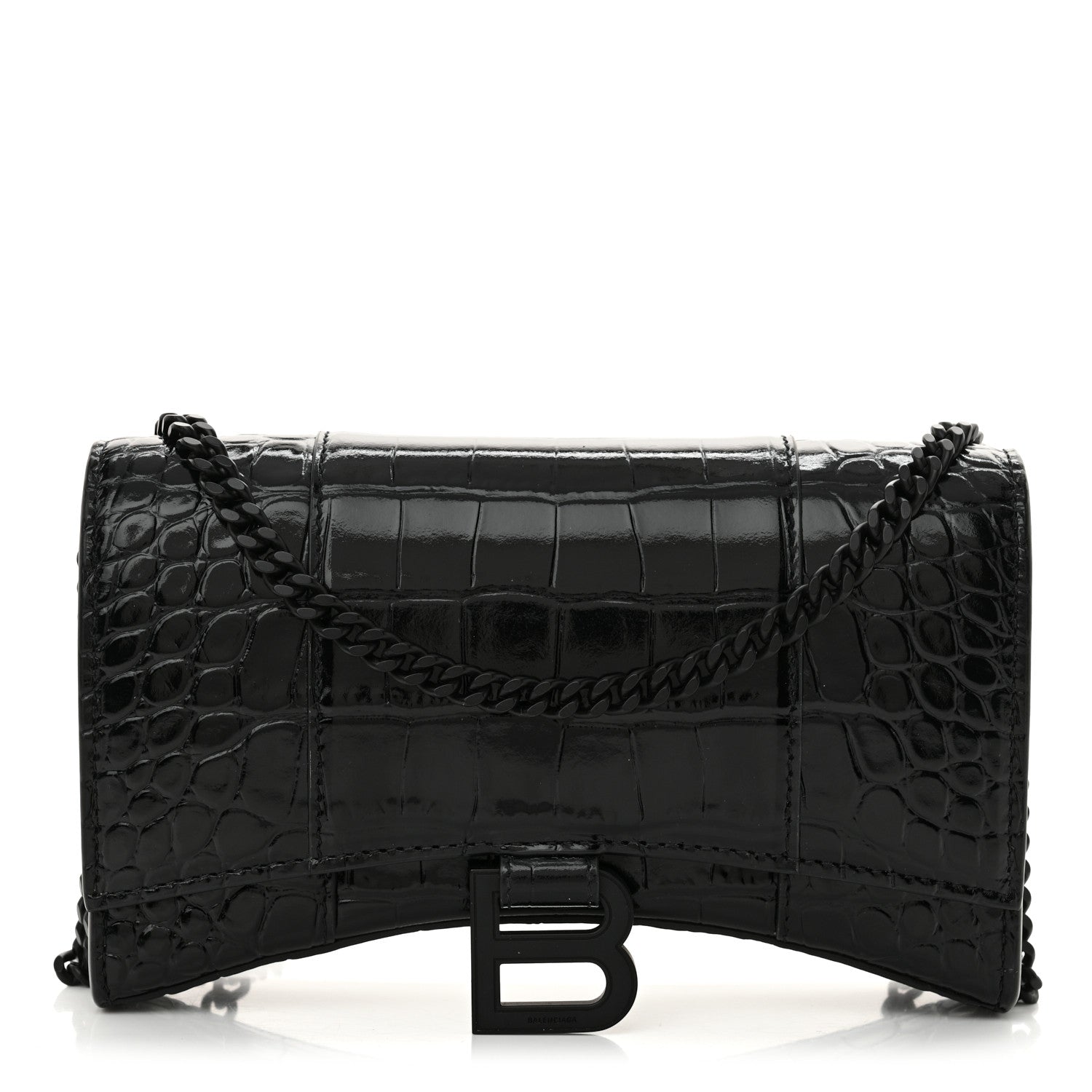 Balenciaga Shiny Calfskin Monochrome Crocodile Embossed Hourglass Chain Bag Black 1 of 13