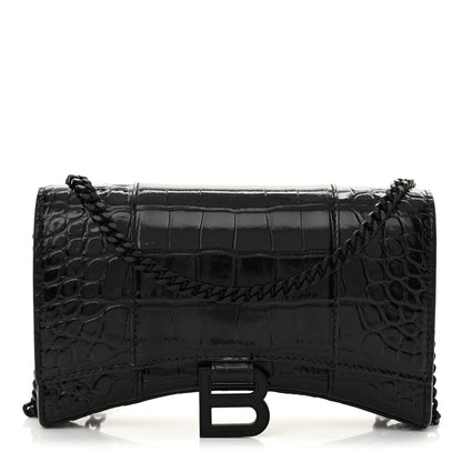 Balenciaga Shiny Calfskin Monochrome Crocodile Embossed Hourglass Chain Bag Black 1 of 13