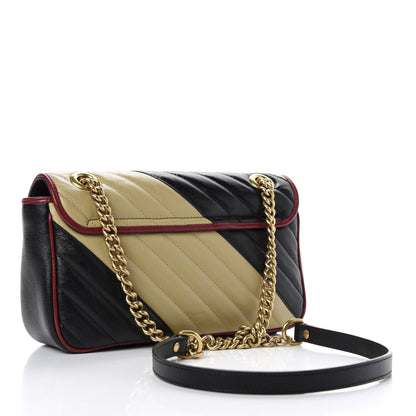 Gucci Vintage Effect Calfskin Matelasse Diagonal Striped Small Torchon GG Marmont Shoulder Bag Black Beige 3 of 10