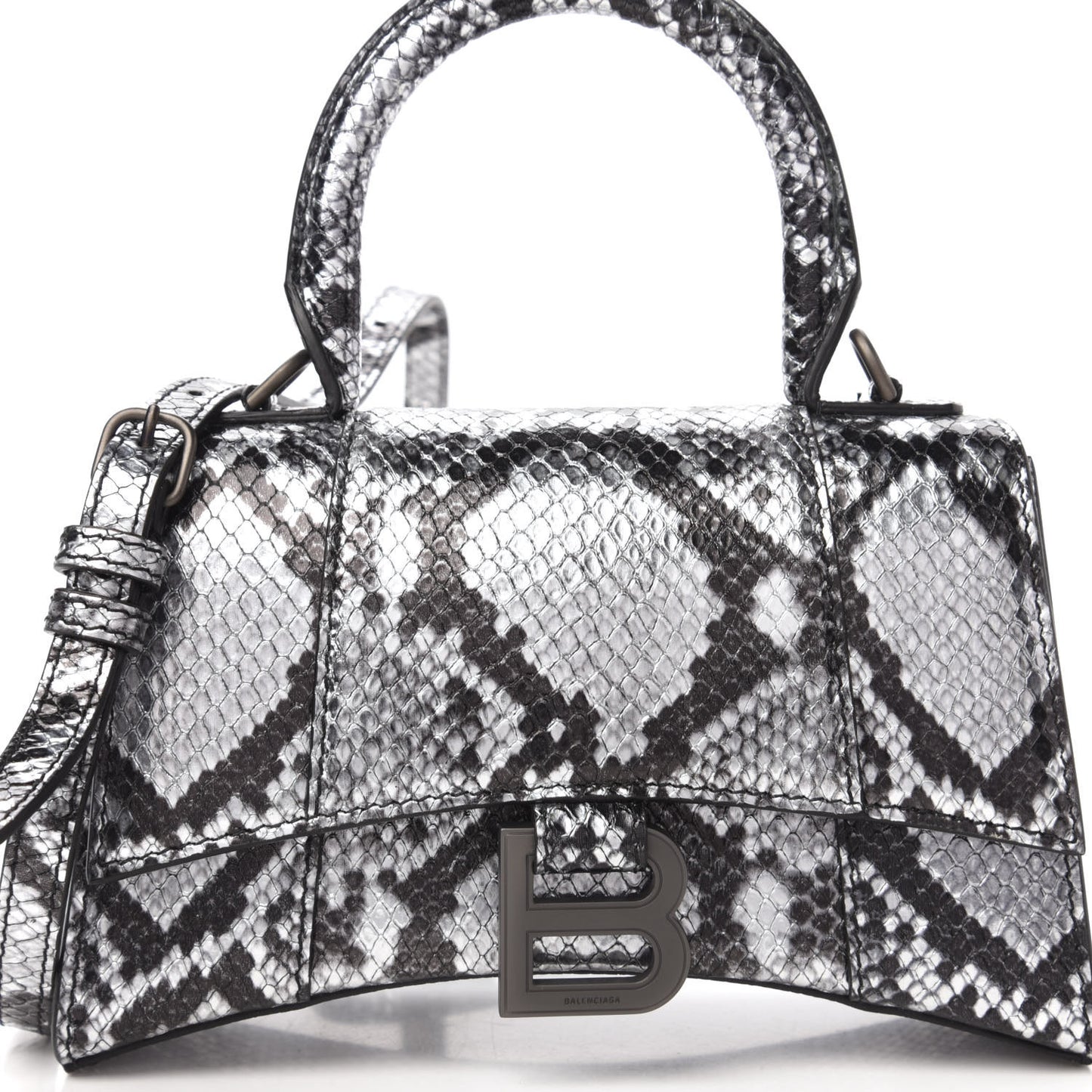 Shiny Calfskin Snakeskin Embossed Hourglass Top Handle Bag XS Silver Black