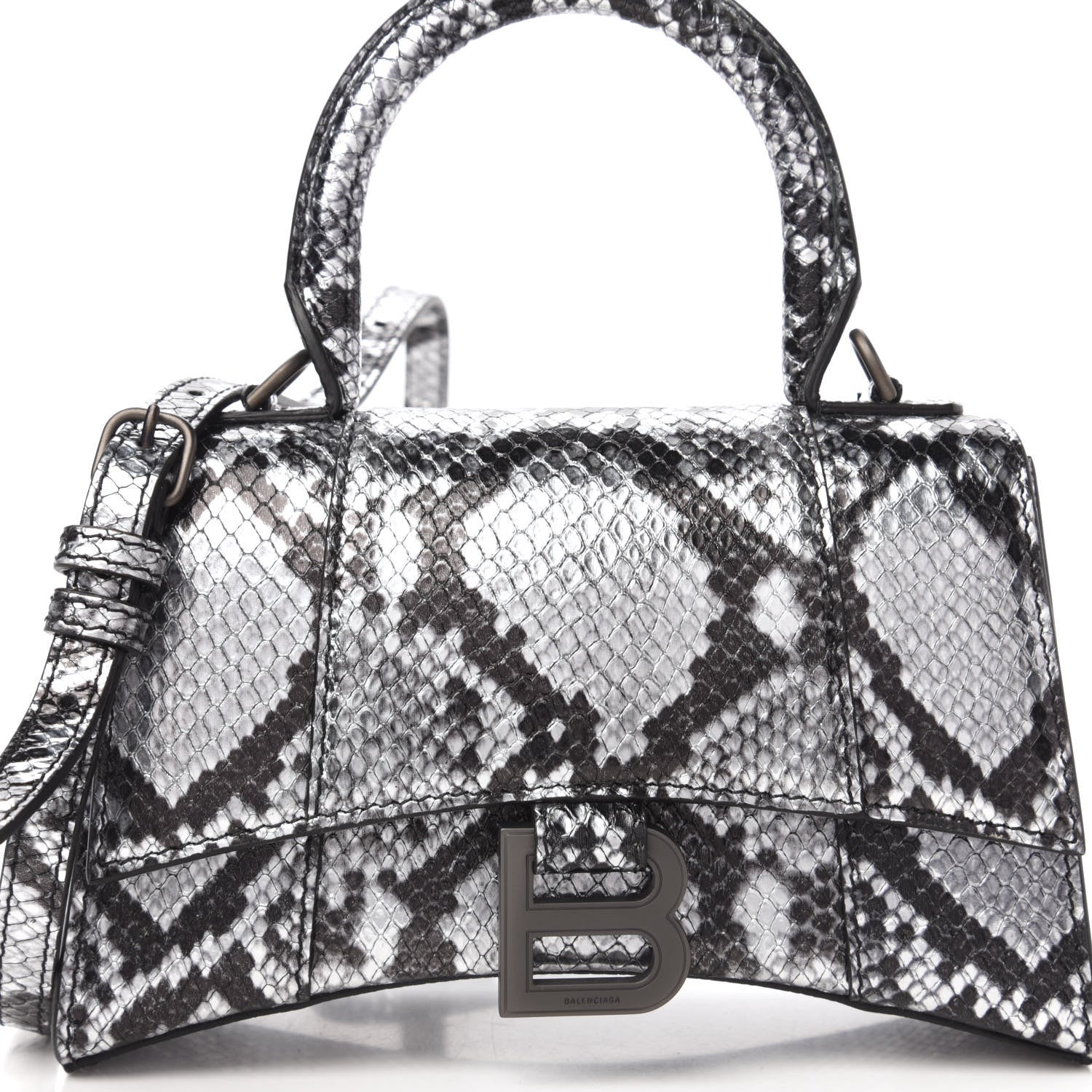 Balenciaga Shiny Calfskin Snakeskin Embossed Hourglass Top Handle Bag XS Silver Black 8 of 9