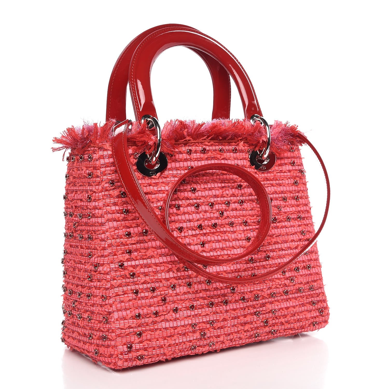 Christian Dior Tweed Fringe Rhinestone Medium Lady Dior Red 2 of 10