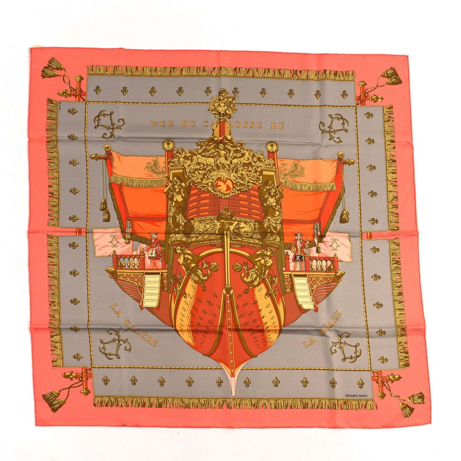 Hermes Silk Vue Du Carosse De La Galere La Reale Scarf 90 Saumon Etoupe Orange 1 of 5