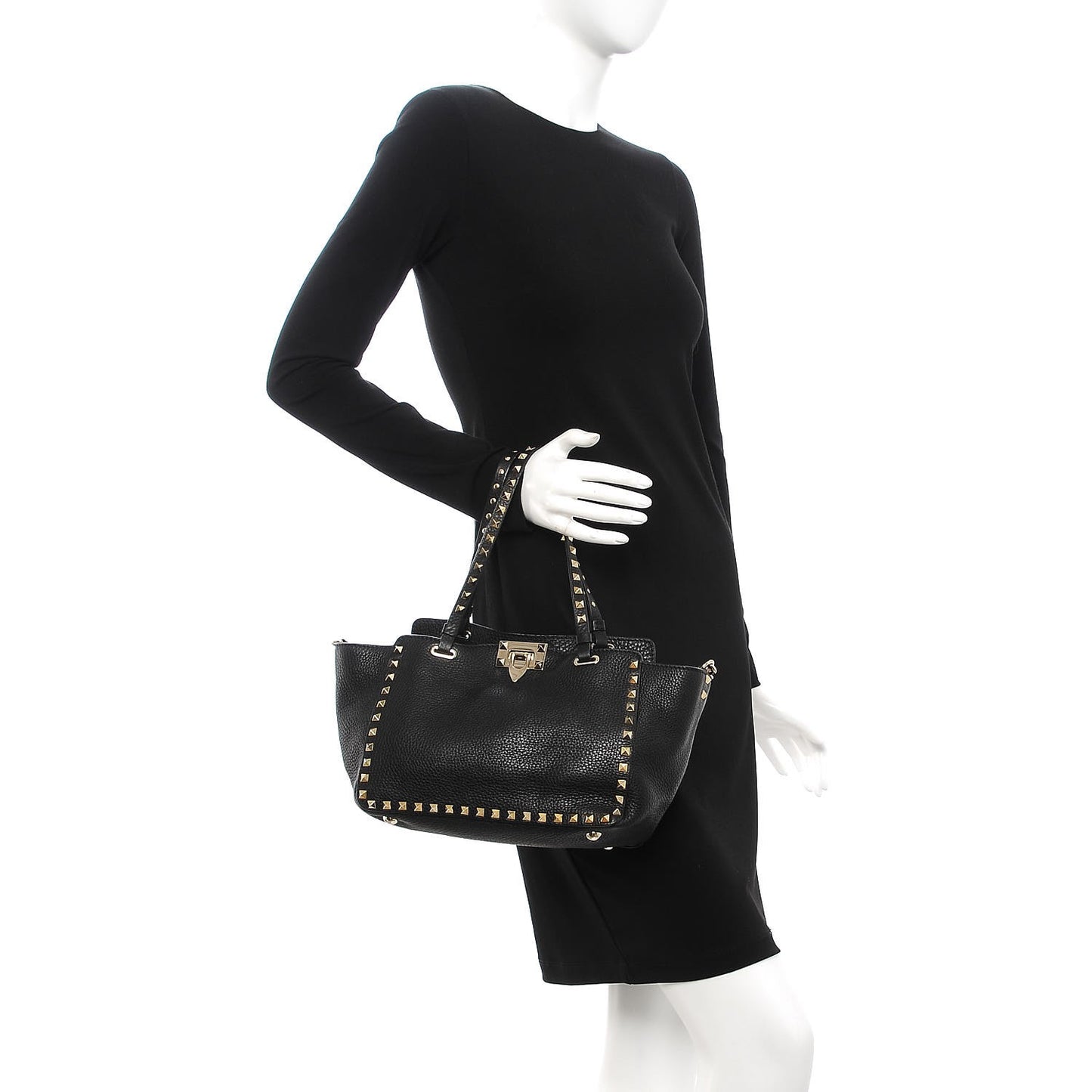 Grained Calfskin Small Rockstud Tote Black