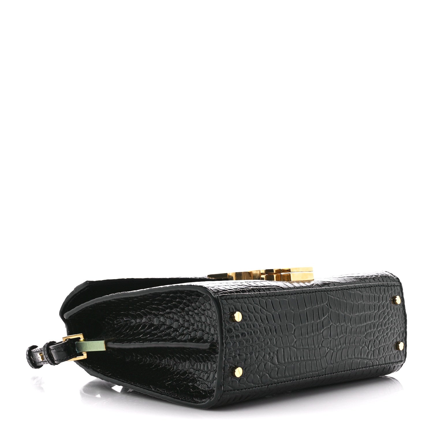 Saint Laurent Calfskin Crocodile Embossed Mini Classic Monogram Cassandra Top Handle Black 4 of 11