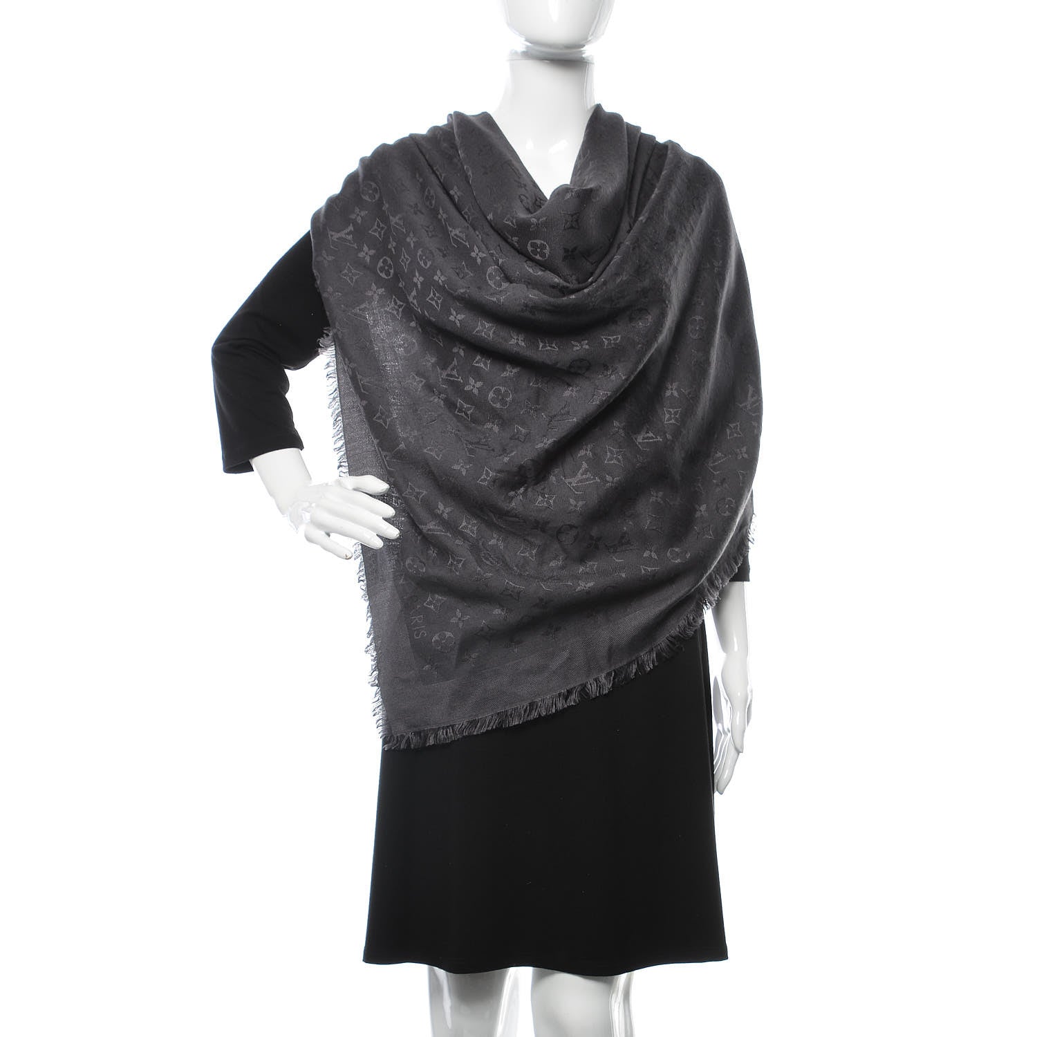 Louis Vuitton Silk Wool Monogram Shawl Charcoal Grey 2 of 4