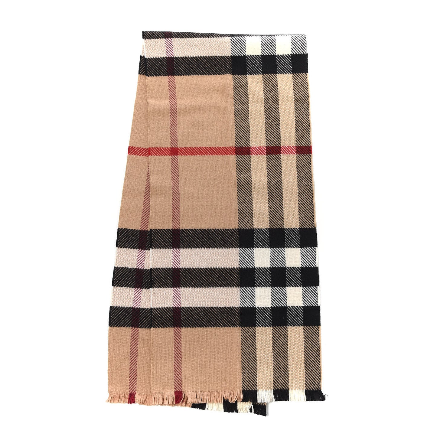Cashmere Wool Mega Check Fringe Scarf Camel
