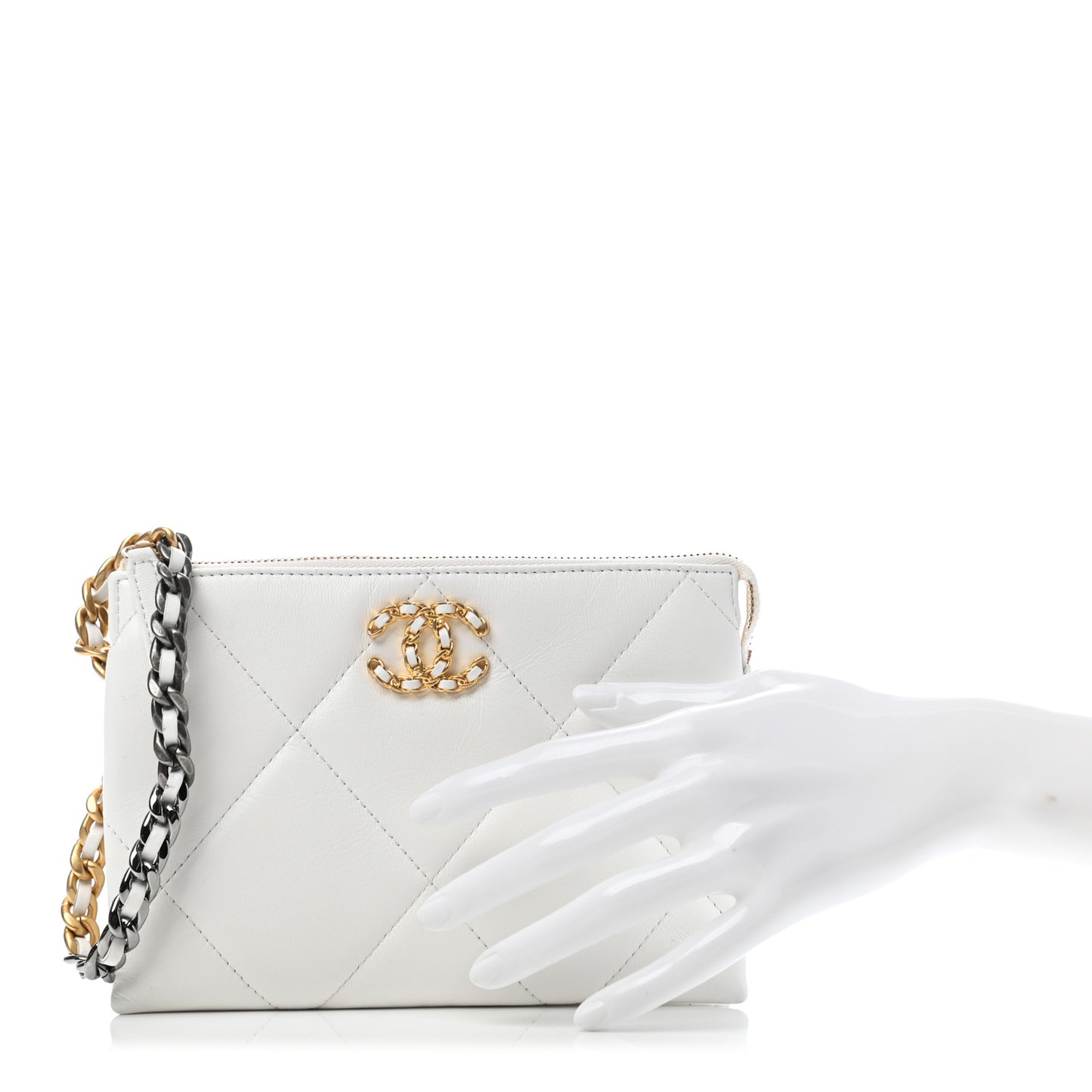 Shiny Goatskin Quilted Chanel 19 Small Pouch With Handle White