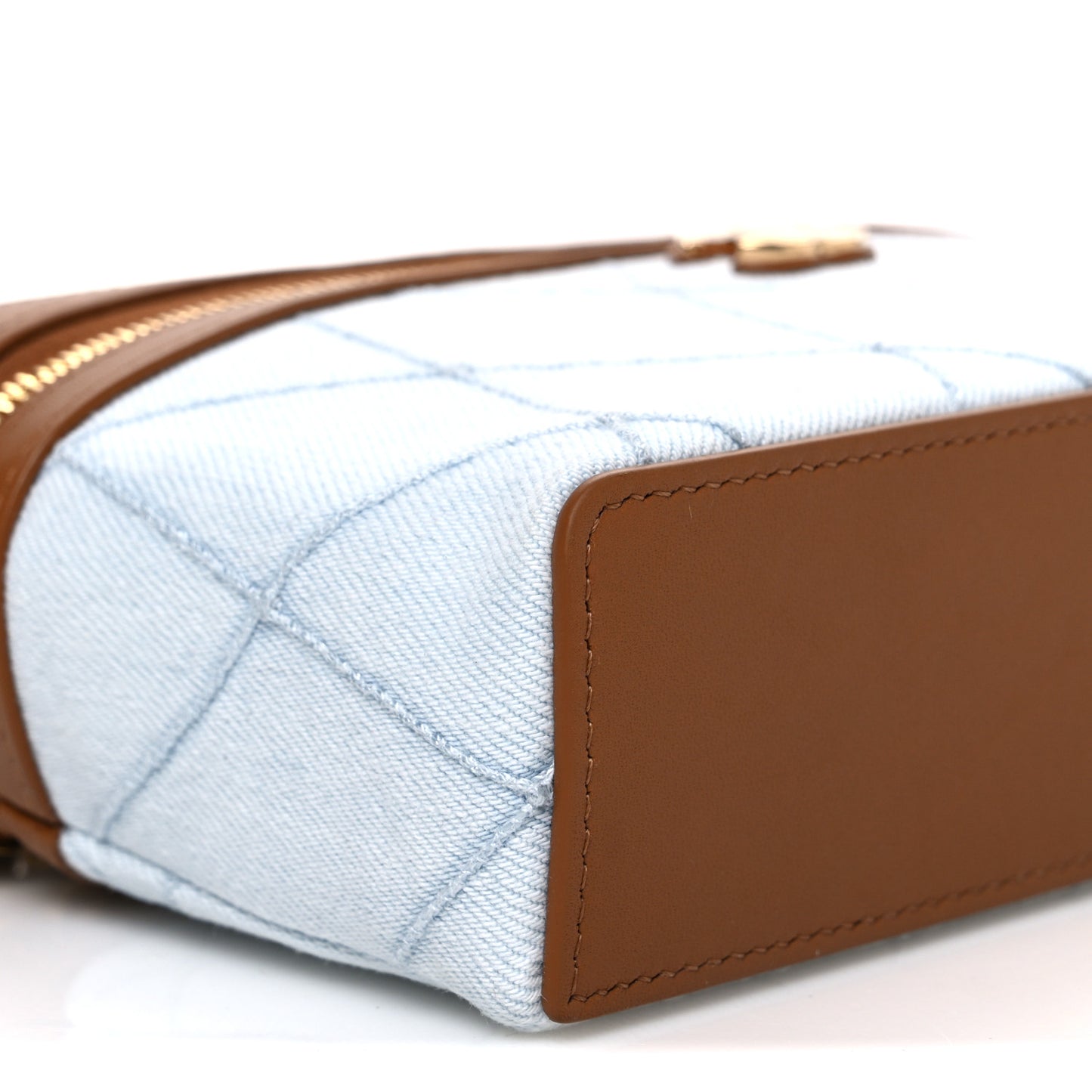 Washed Denim Calfskin Quilted Top Handle Slim Vanity Case With Chain Blue Brown