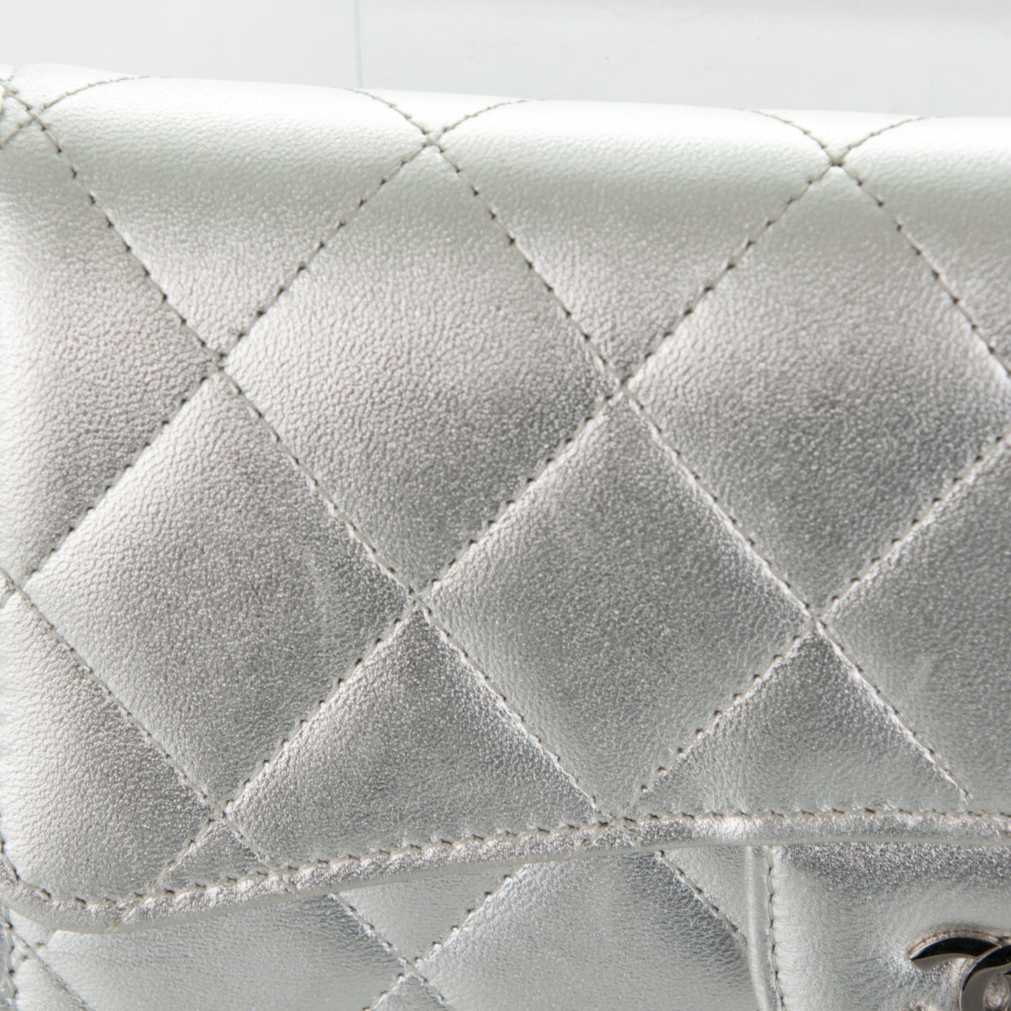 Metallic Lambskin Quilted Large Flap Wallet Silver