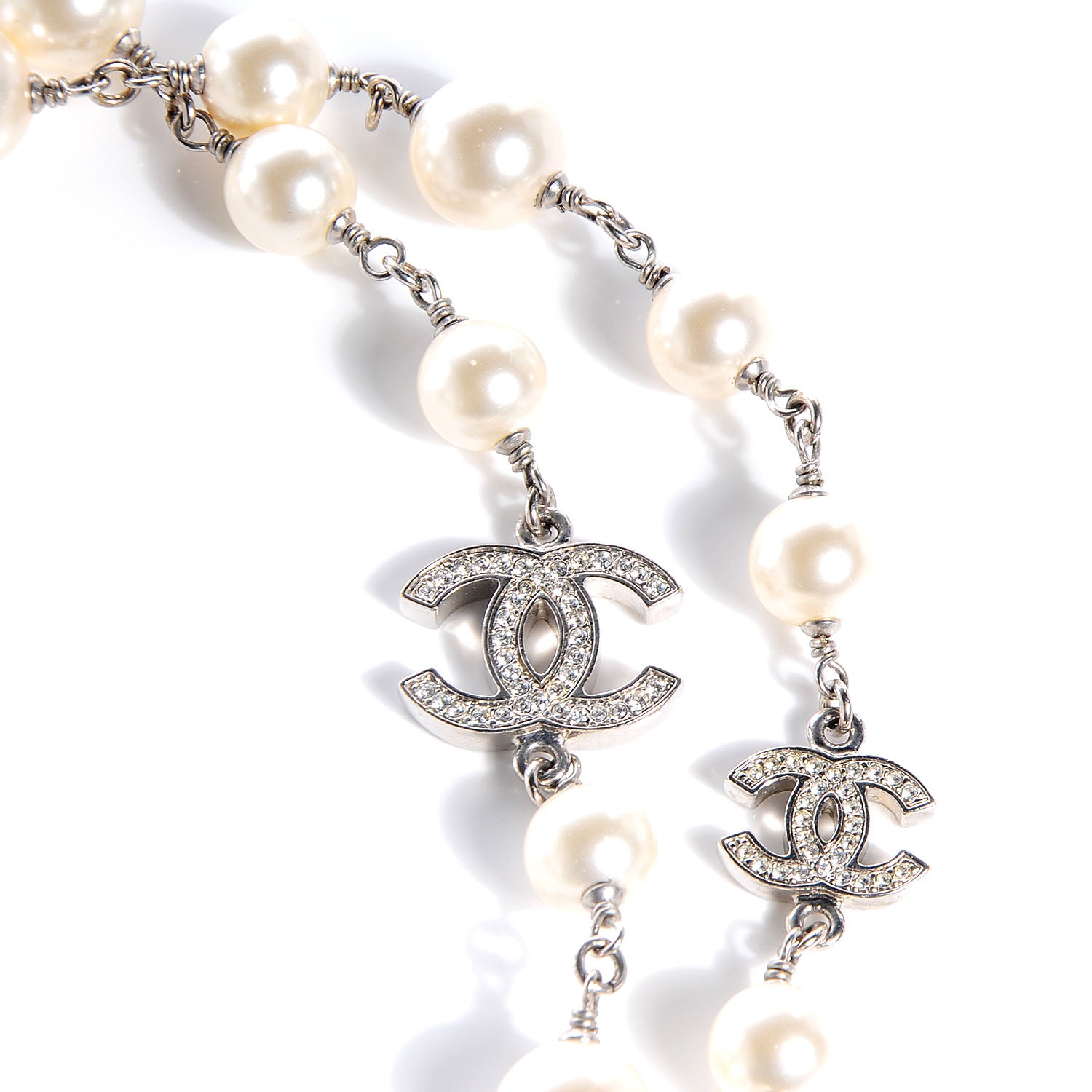 Chanel Crystal Pearl CC Long Necklace Silver 4 of 6