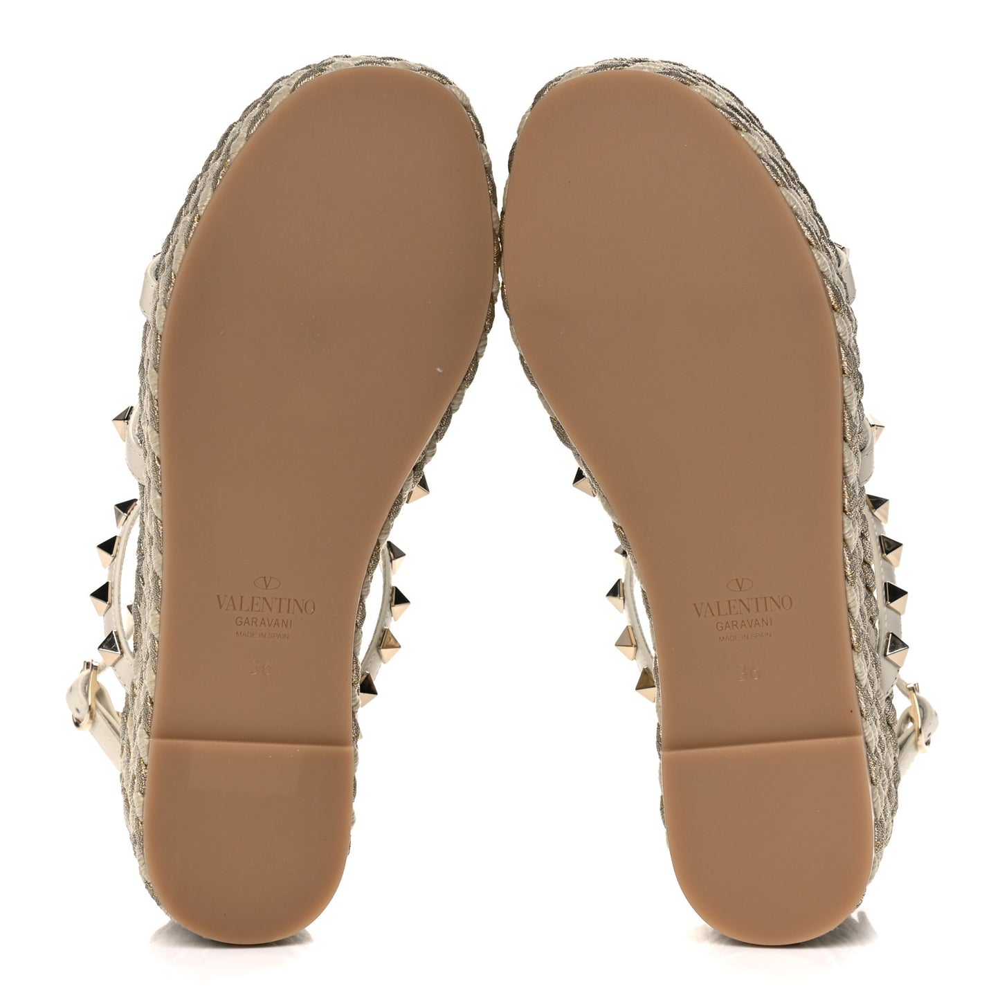 Calfskin Rockstud Ankle Strap Torchon Espadrille Caged 30/55mm Sandals 36 Light Ivory