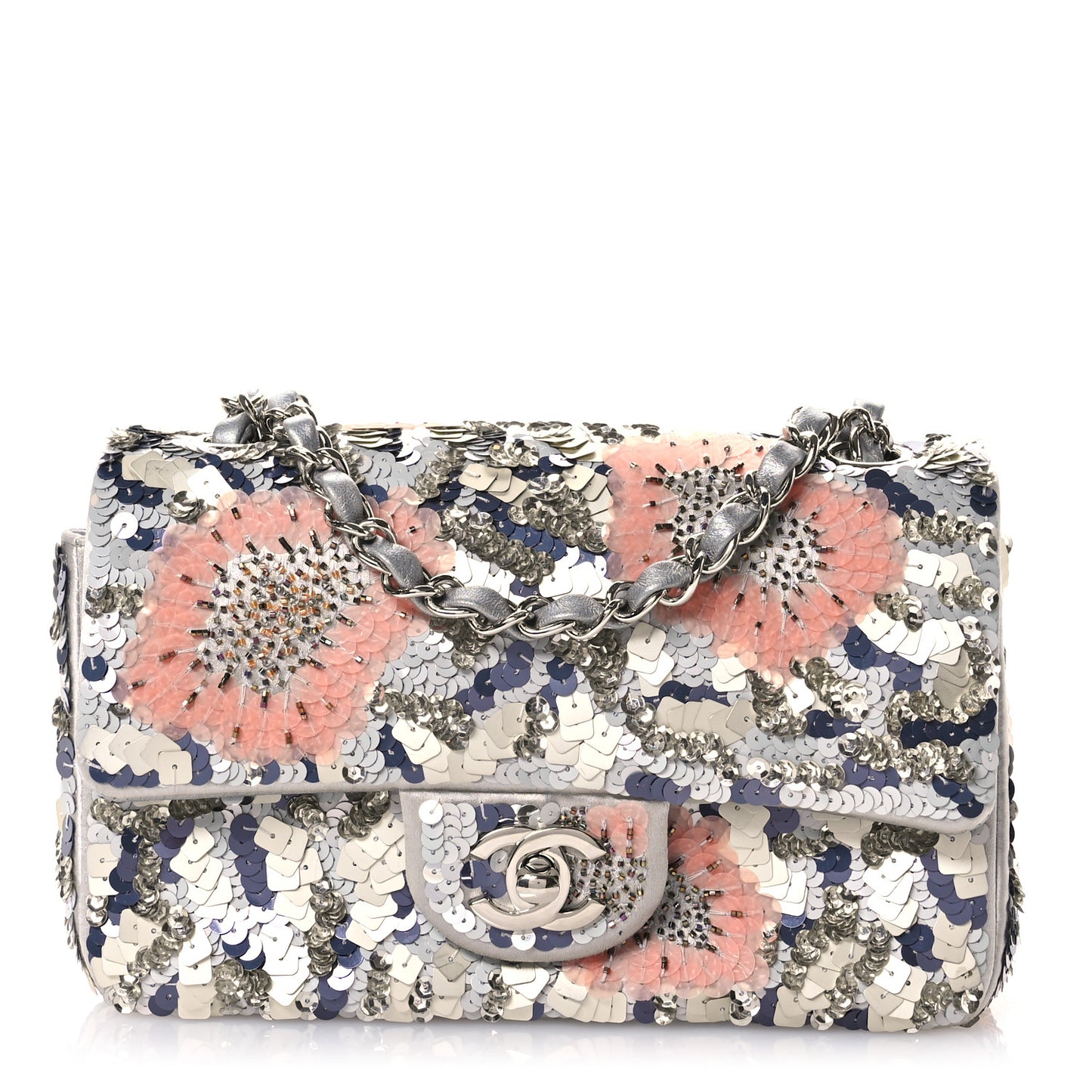 Satin Sequin Embellished Flower Mini Rectangular Flap Argent Multicolor