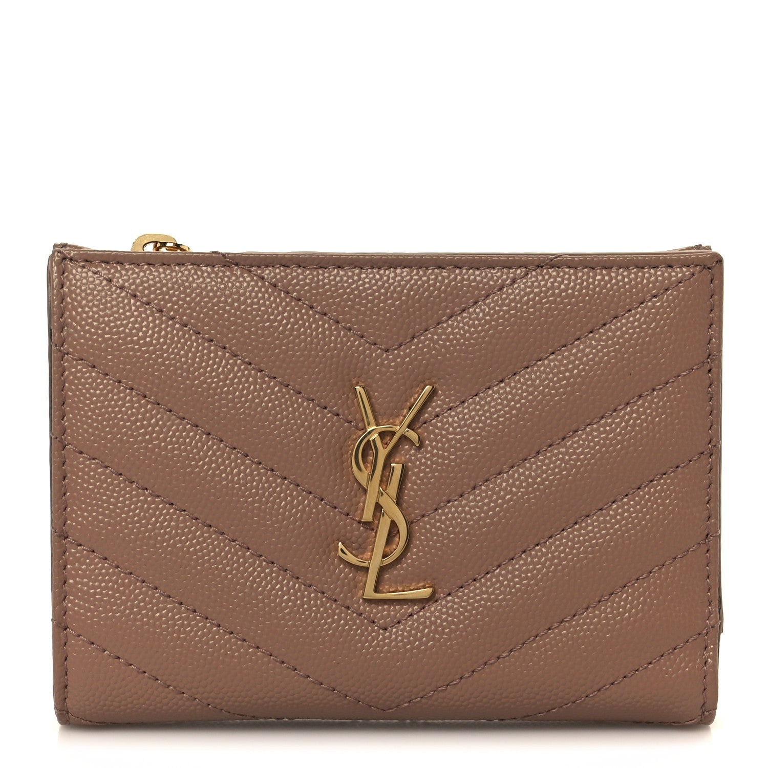 Saint Laurent Grain De Poudre Matelasse Chevron Monogram Zipped Two-Part Wallet Dark Beige 1 of 10