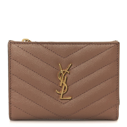 Saint Laurent Grain De Poudre Matelasse Chevron Monogram Zipped Two-Part Wallet Dark Beige 1 of 10