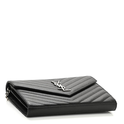 Saint Laurent Grain De Poudre Matelasse Chevron Monogram Chain Wallet Black 4 of 9
