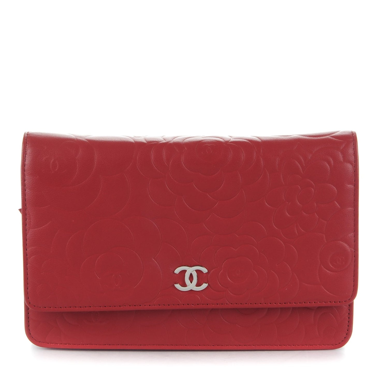 Lambskin Camellia Embossed Wallet On Chain WOC Red