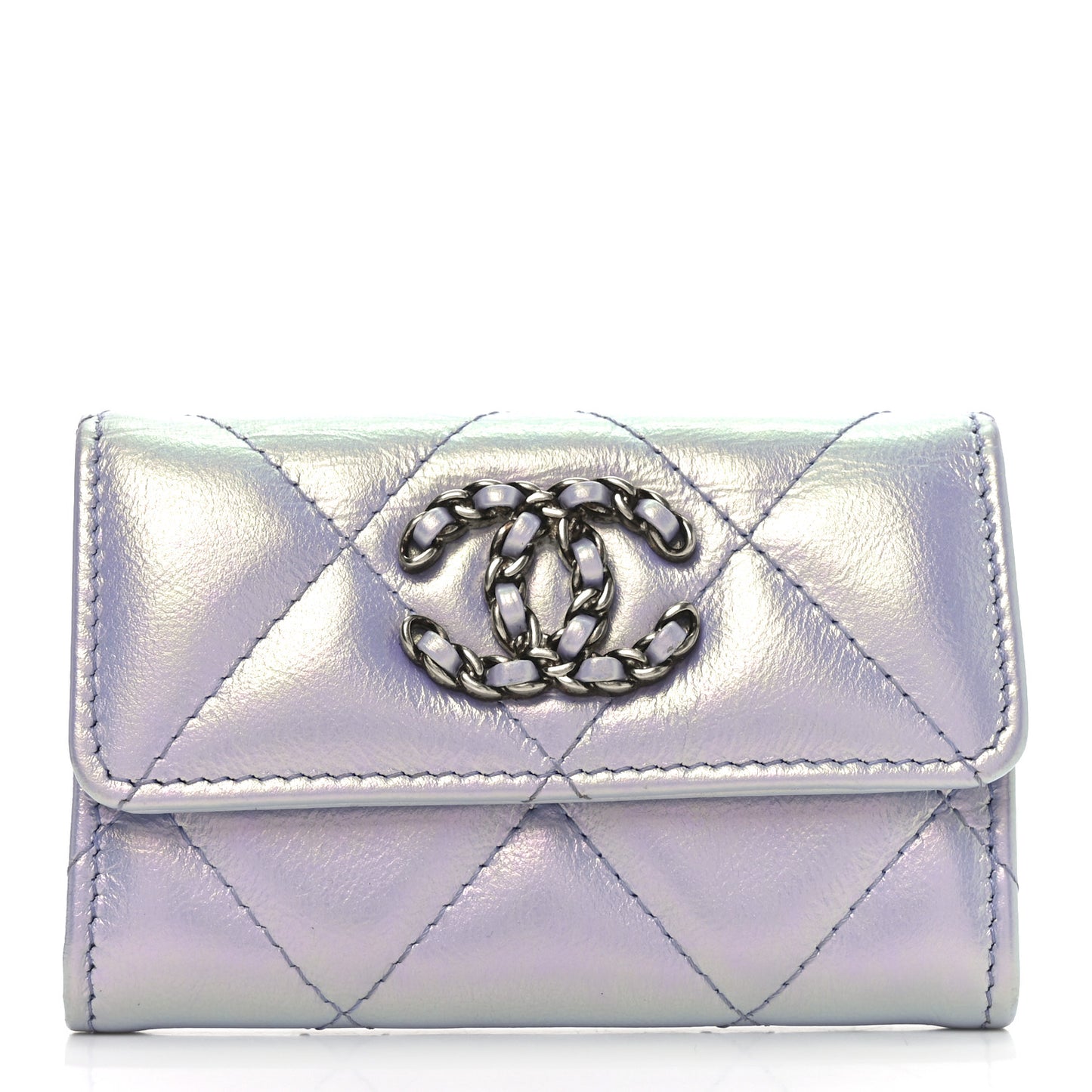 Iridescent Calfskin Quilted Chanel 19 Flap Card Holder Light Purple