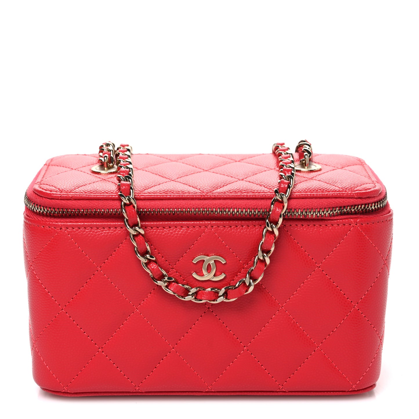 Caviar Quilted Small Vanity Case With Chain Red