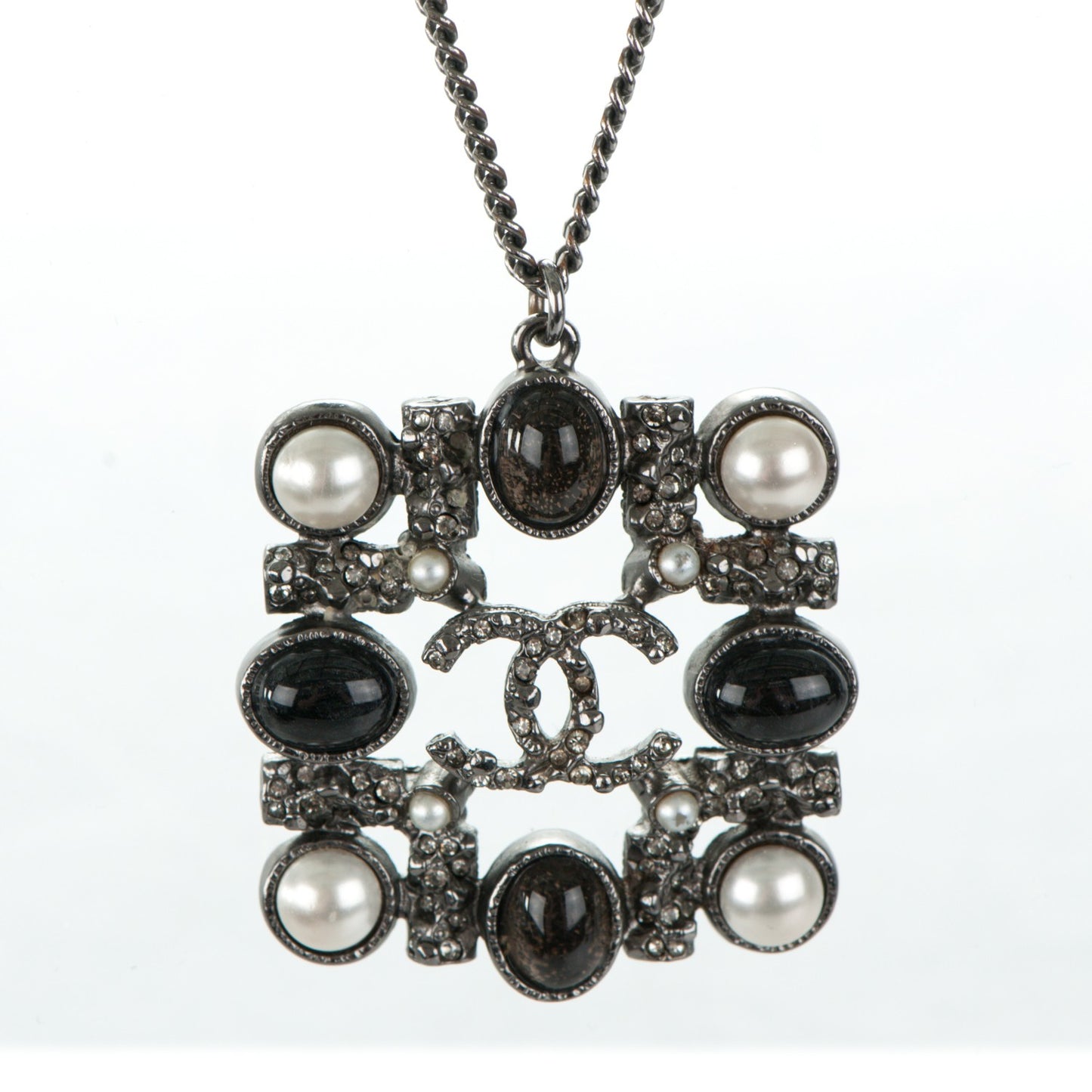 Crystal Pearl Bead CC Pendant Necklace Ruthenium