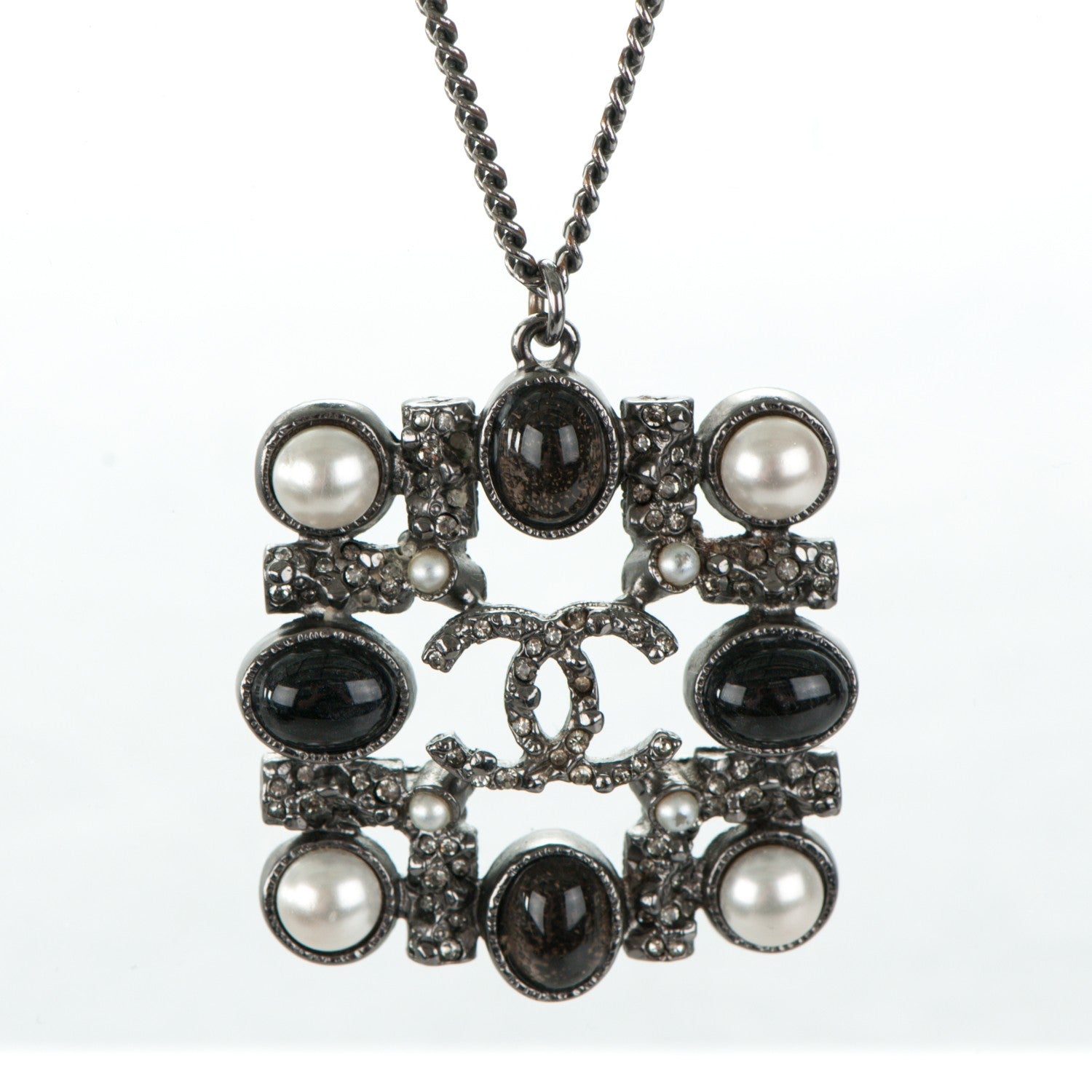 Chanel Crystal Pearl Bead CC Pendant Necklace Ruthenium 3 of 5