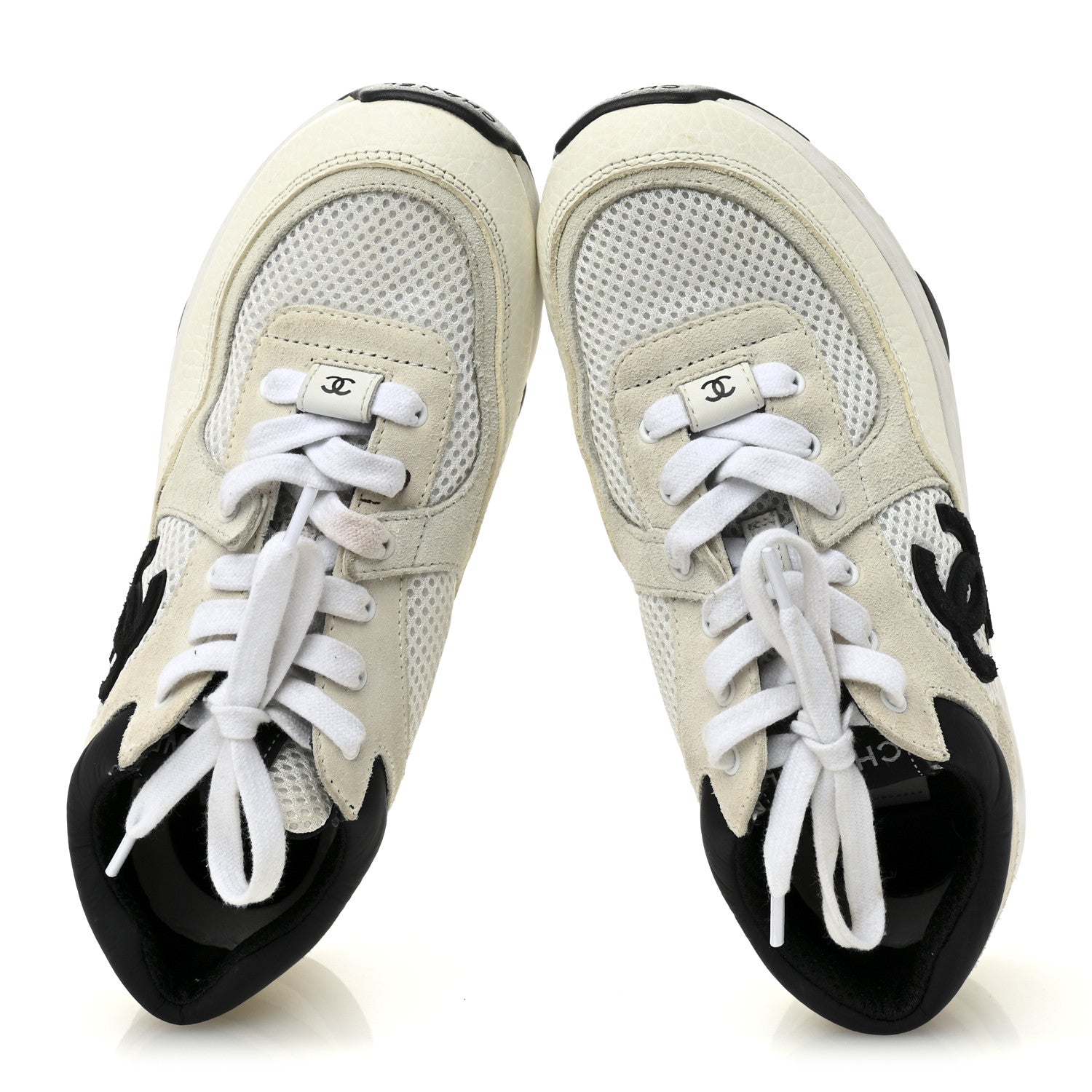 Chanel Mesh Suede Grained Calfskin Womens CC Sneakers 37 White
