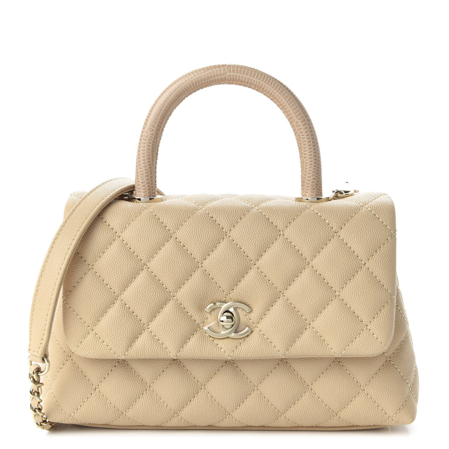 Caviar Lizard Quilted Mini Coco Handle Flap Beige