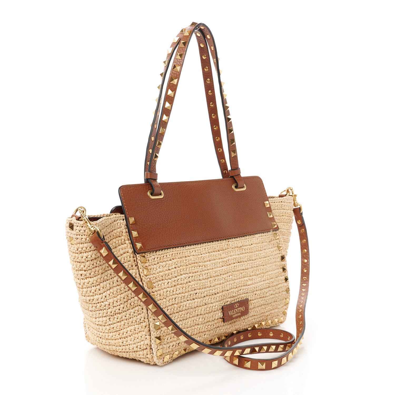 Valentino Garavani Raffia Calfskin Small Rockstud Tote Naturale Saddle Brown 3 of 10
